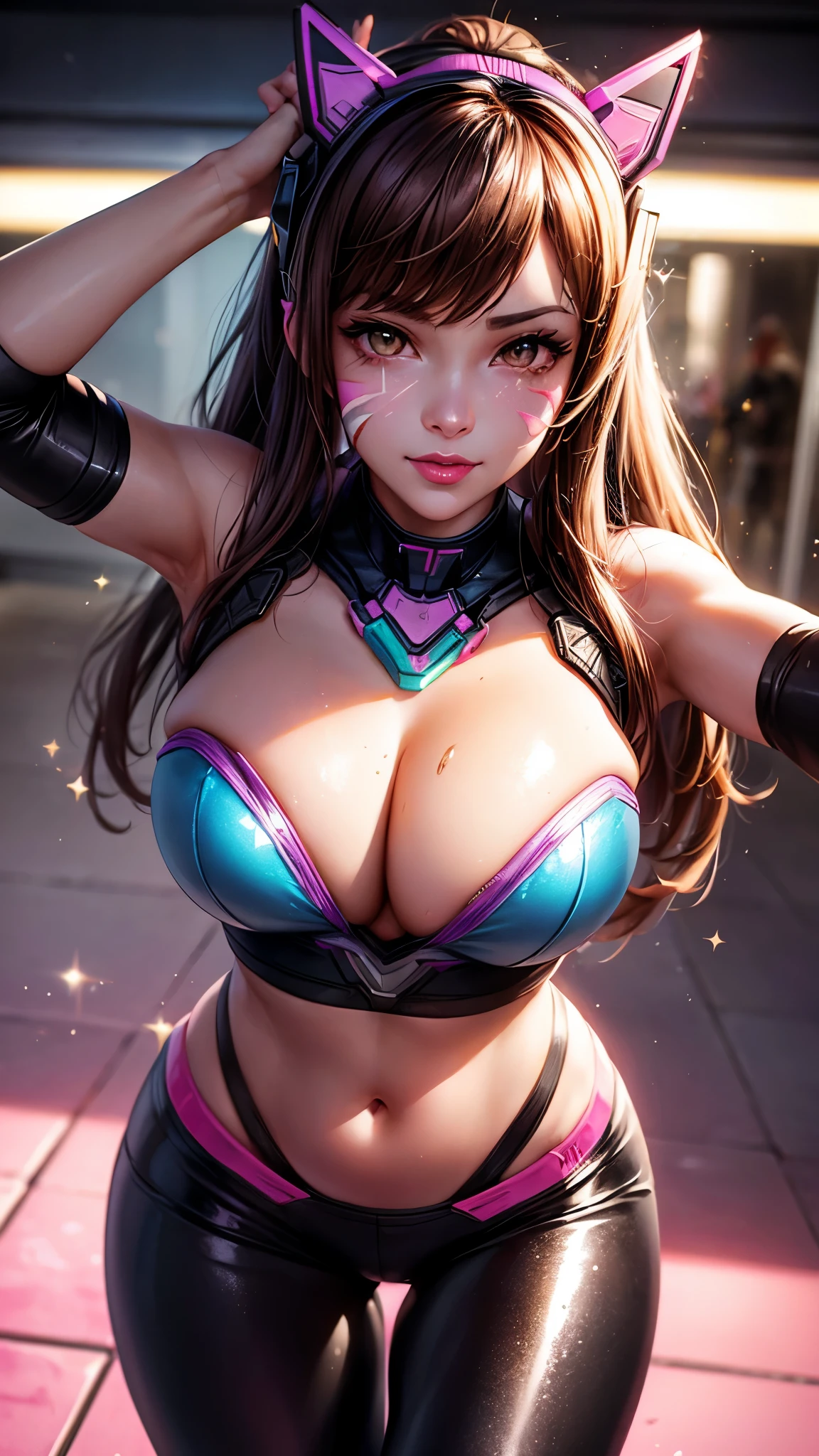 ((masterpiece)), Dva, Overwatch Dva, Dva headgear, Dva facepaint, brown hair, messy hair, heart-shaped pupils, amber eyes, seductive smile, cinematic lighting, sparkle, ray tracing, backlighting, drop shadow, pov, blurry foreground, from above, UHD, 4K, best quality, latex leggings, (((focus on lips))), ((face shot)), (((sparkly lips)))