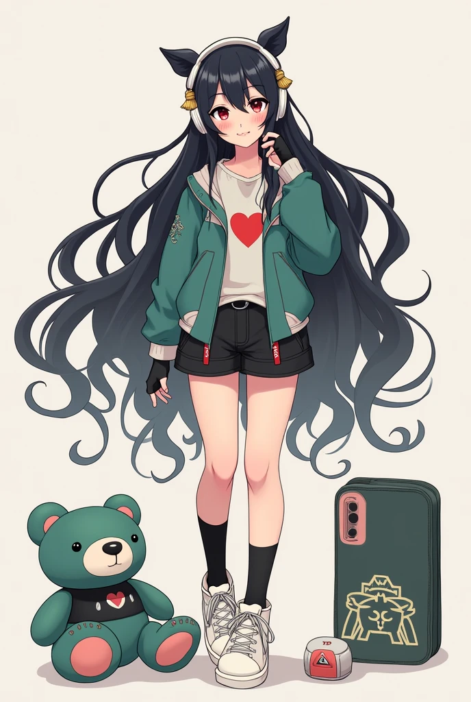 Female character long black hair with white headphones black Chinese eyes , white fur black hand warmers white tennis shoes and black socks, con un oso de peluche verde y negro y camisa que diga I ❤️ david
