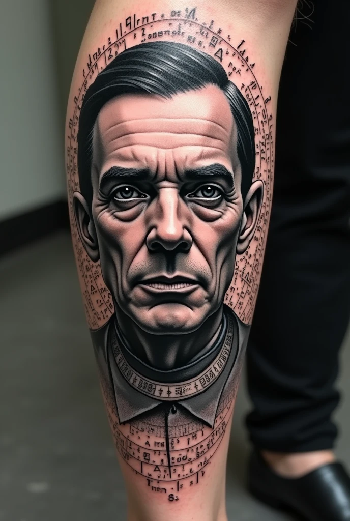 Alan Turing&#39;s face with algorithms in the background in a kind of spiral, and on the line of his neck a band with the PSI calculation invented to calculate population deviations. All this in a tattoo on the calf, in black colors, white and grey