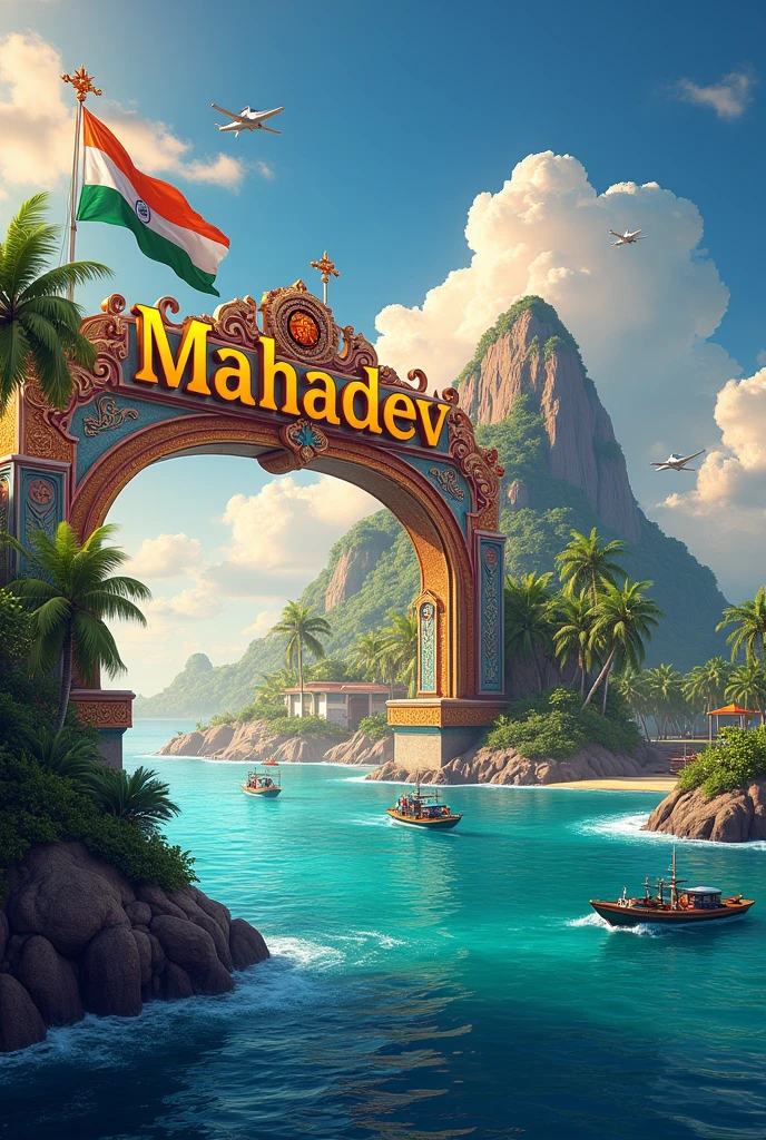 A tropical island with the name "Mahadev " written on a large sign, an Indian flag waving in the foreground, and various boats and aircraft in the background against a colorful sky