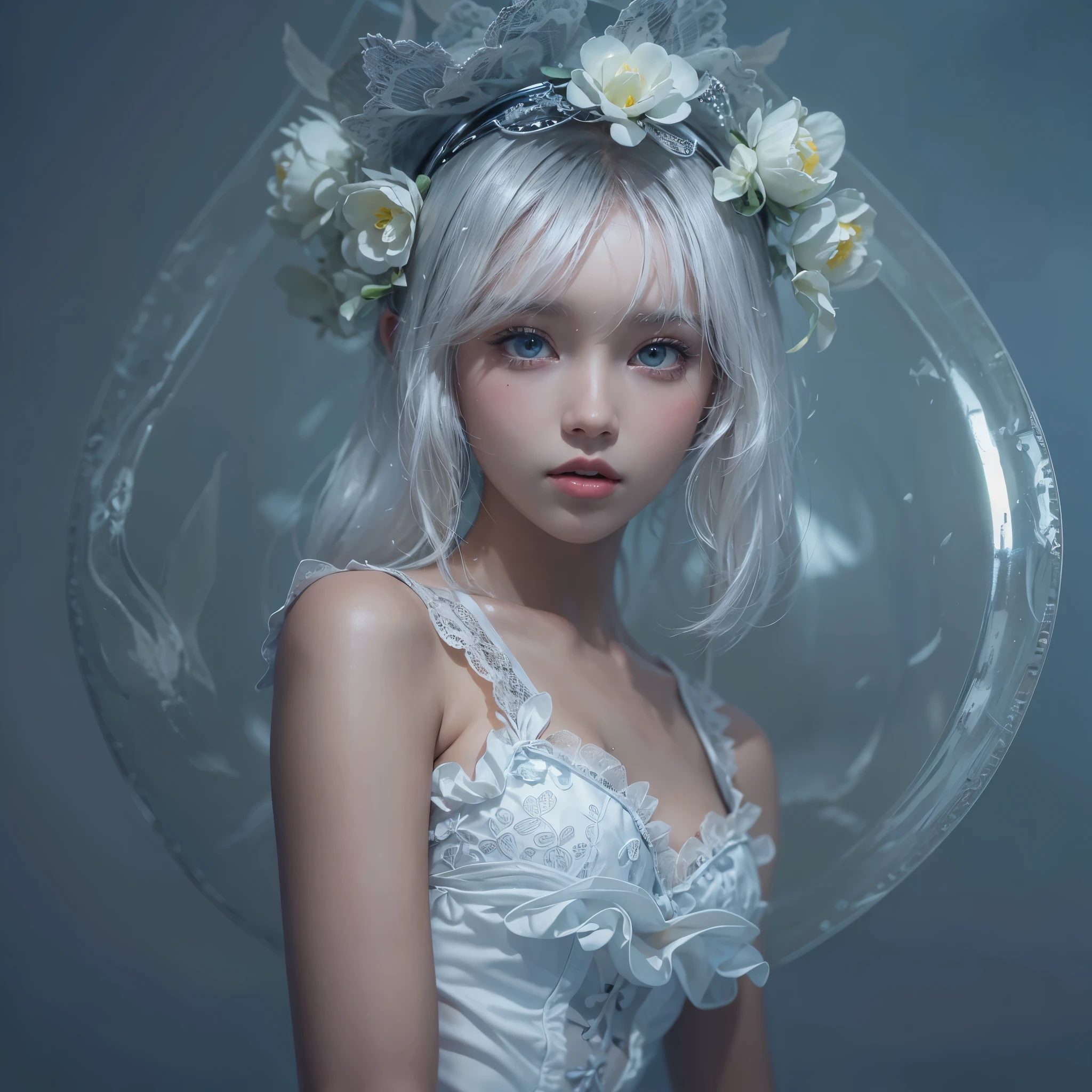 ((pale skin)), blue eyes, white girl, deep blue hair, sex whit man, freckles, ultra realistic, 16 years old, ((huge breast)),