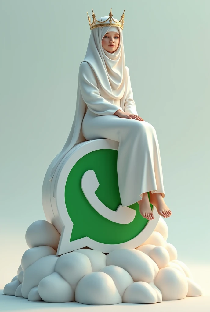 Create a 3D illustration of a character,sitting on the side above the social network icon "Whatsapp". The character is a girl in a white hijab, no face from the back, there is a crown on her head,her dress falls to the floor, background in the background computer main page profile in whatsapp in the background whatsapp icon