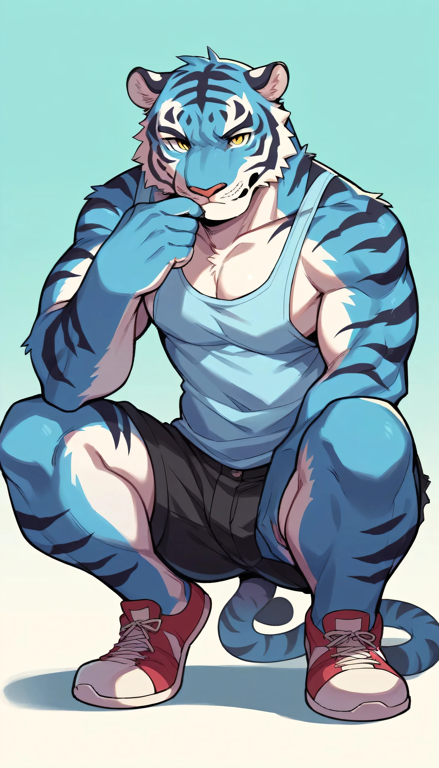 Anthropomorphic cartoon blue tiger in the style of the 1940s, Wearing black short shorts, light blue tank top, smelling her legs, sitting with legs open, squatting posture, blue background pink clouds, in front of the viewer, Body facing forward