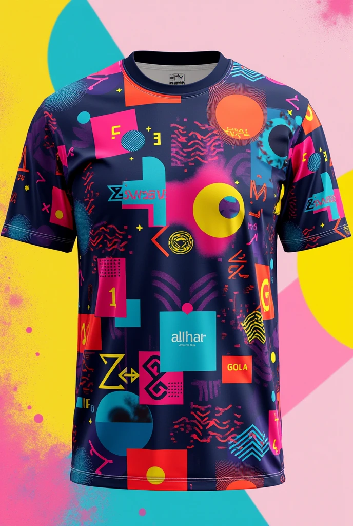 Create a vibrant t-shirt design featuring a bold, abstract geometric pattern that reflects the energy and creativity of Gen Z streetwear culture. Incorporate a dynamic color palette with contrasting shades, and ensure the design has a modern, edgy feel suitable for both casual and urban styles.