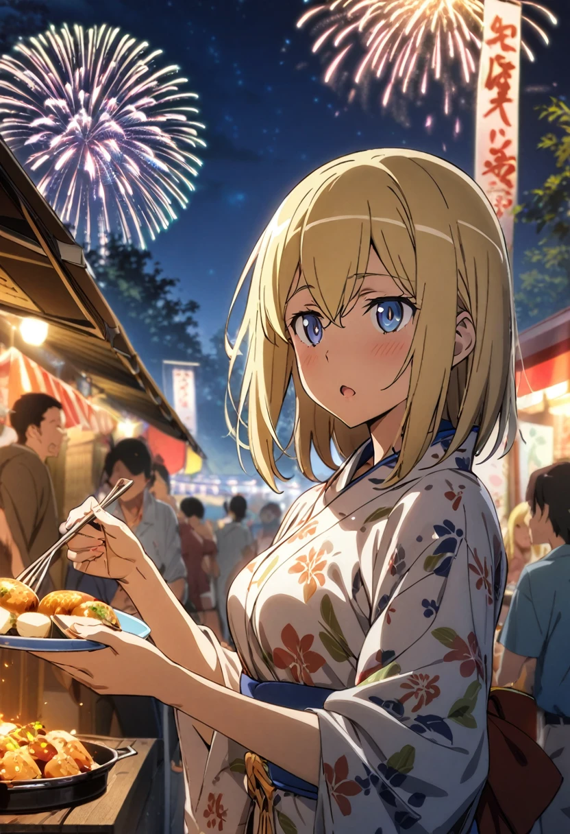 1girl, aiz wallenstein, blonde hair, dungeon ni deai wo motomeru no wa machigatteiru darou ka, yukata, summer festival, food stalls, fireworks, night sky, outdoors, masterpiece, best quality, absurdres