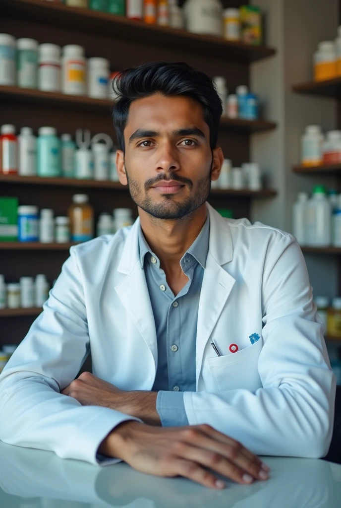 Draw a image of 22years old indian young man, sitting inside a medical shop. His face in v shape