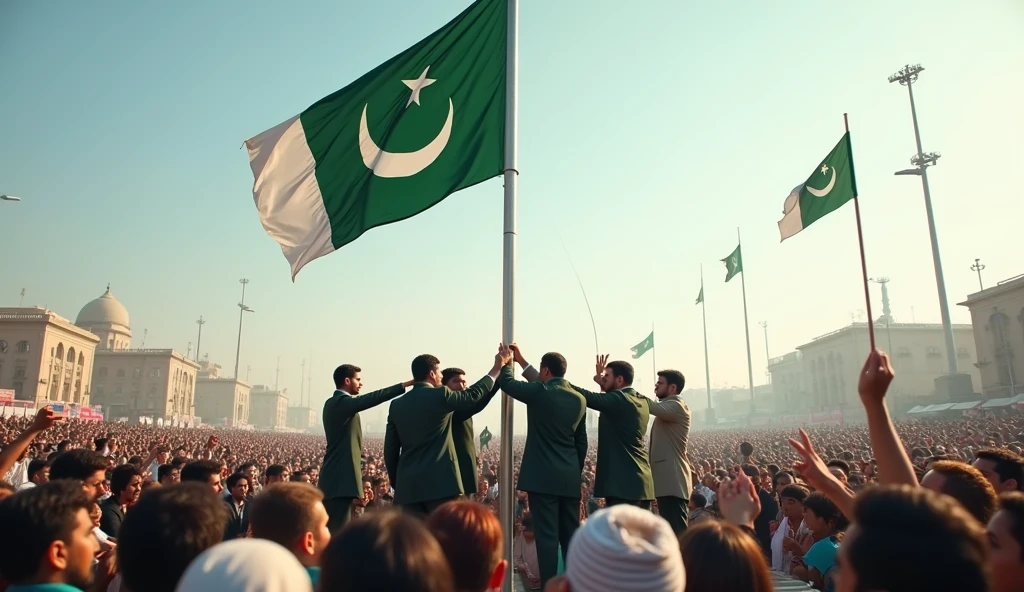Pakistani flag in rod salute people in crowd area
