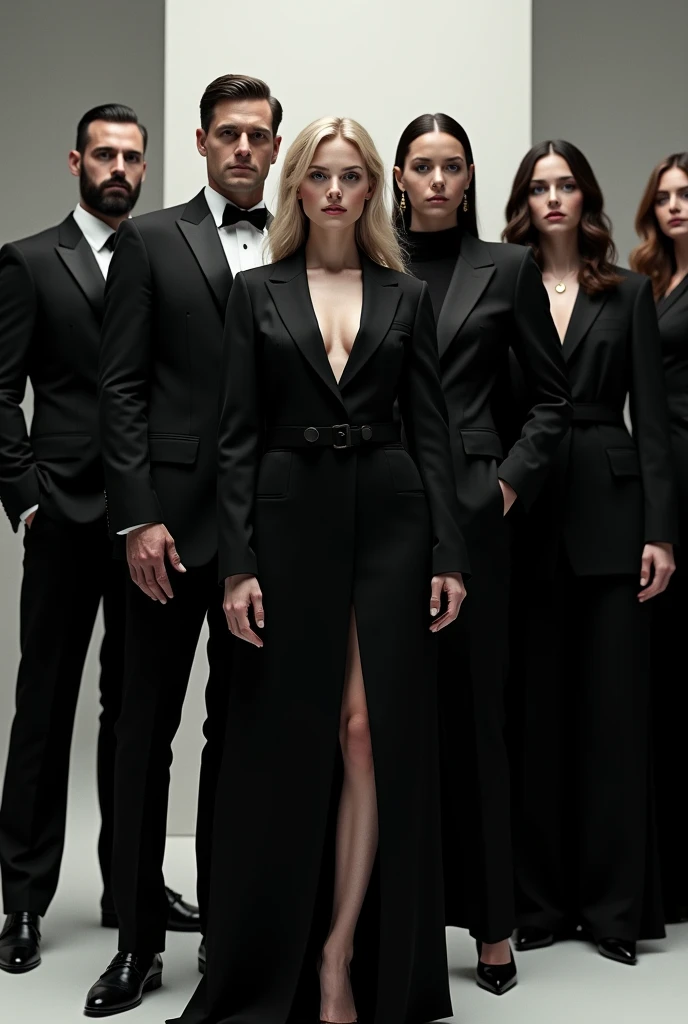 blonder woman,Homem forte de smoking , men in black and women in black