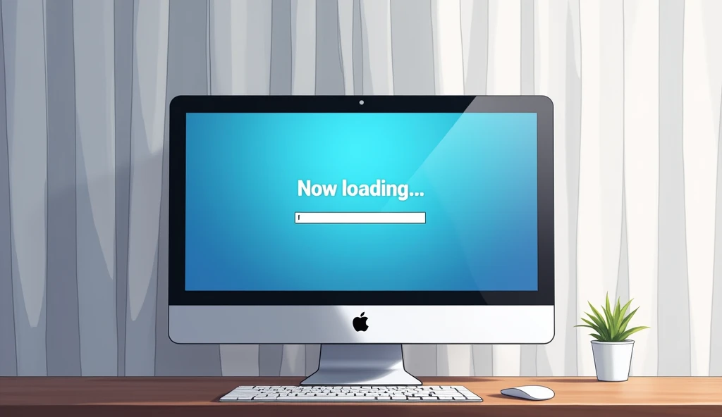 Wide Mac computer monitor,A closed white curtain behind the monitor,「Now loading...」Character,27%Loading bar,Loading screen,At the bottom right corner, click「UP LOAD」button, mouse pointer,Anime Style, Shooting from the side,High resolution, 