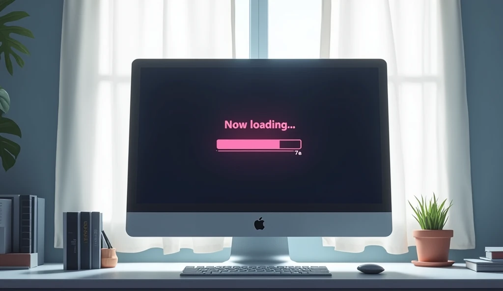 Wide Mac computer monitor,A closed white curtain behind the monitor,「Now loading...」Character,27%Loading bar,Loading screen,At the bottom right corner, click「UP LOAD」button, mouse pointer,Anime Style, Shooting from the side,High resolution, 