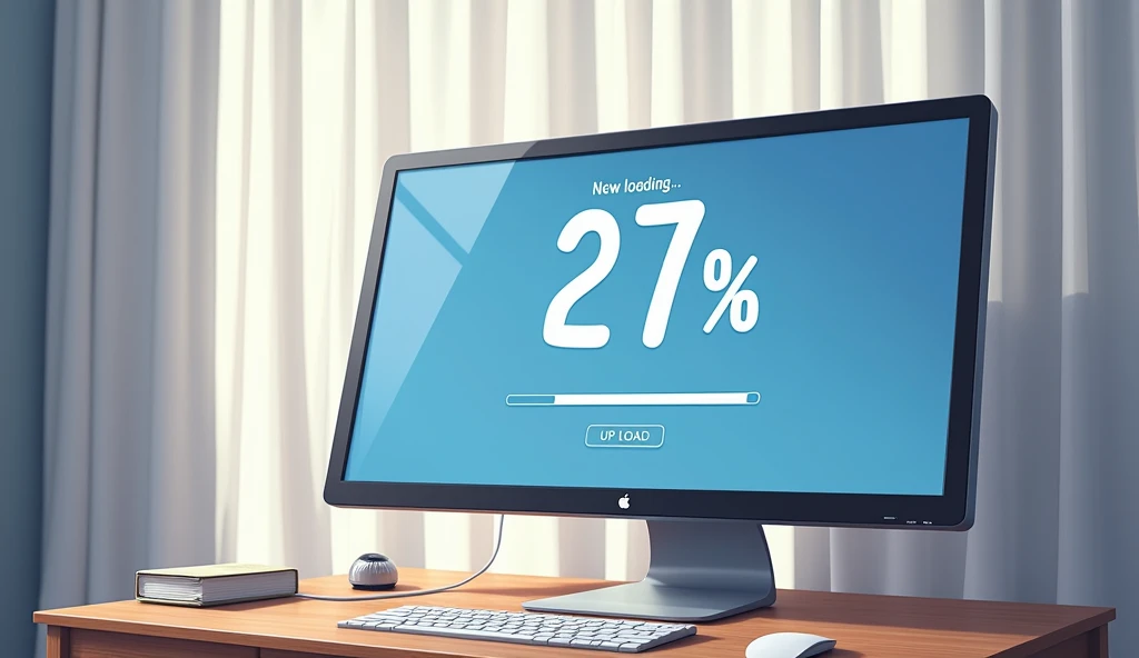 Wide Mac computer monitor,A closed white curtain behind the monitor,「Now loading...」Character,27%Loading bar,Loading screen,At the bottom right corner, click「UP LOAD」button, mouse pointer,Anime Style, Shooting from the side,High resolution, 