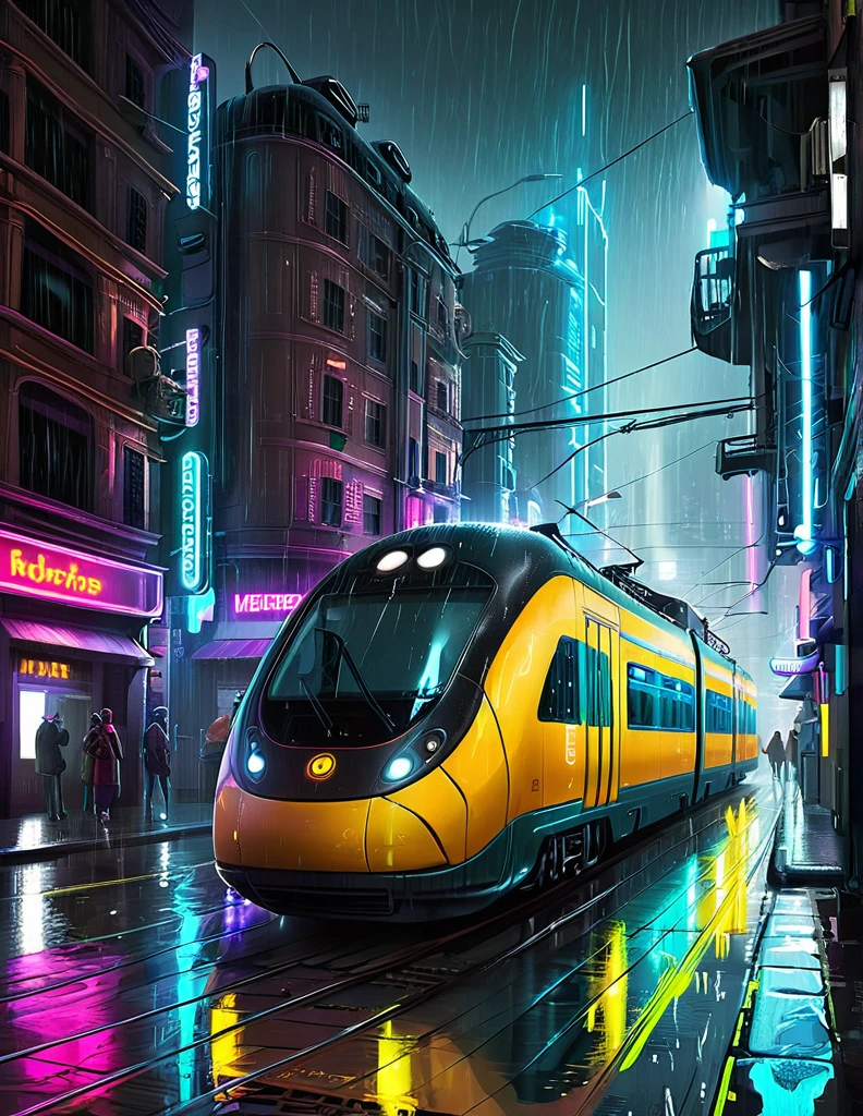 ((masterpiece)),((best quality)),((high detail)),((realistic,)) Futurist era city, architectural streets, bazaars, futuristic train lines, cyberpunk, buildings, night, European city, rainy, neon