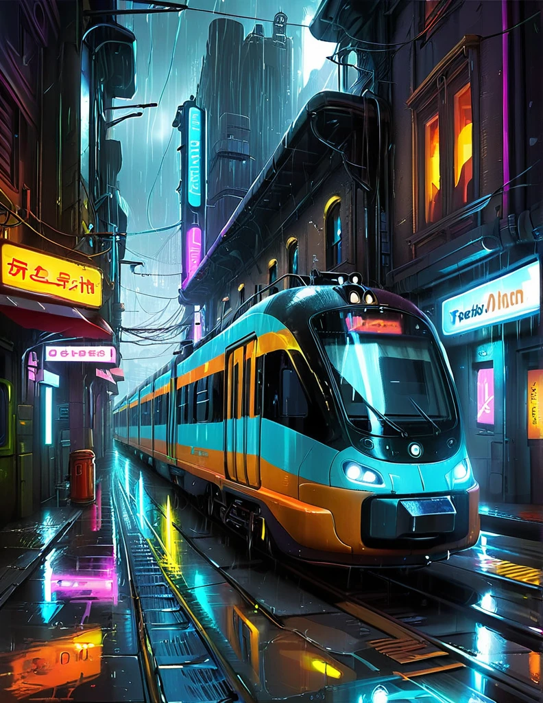 ((masterpiece)),((best quality)),((high detail)),((realistic,)) Futurist era city, architectural streets, bazaars, futuristic train lines, cyberpunk, buildings, night, European city, rainy, neon