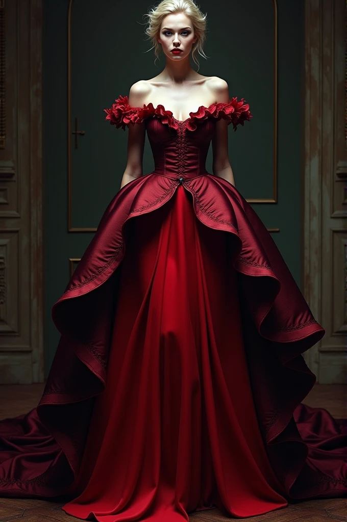 Vampire style dress in red and black colors, with volume in the skirt, off shoulder and sleeves reaching to the elbows with ruffles