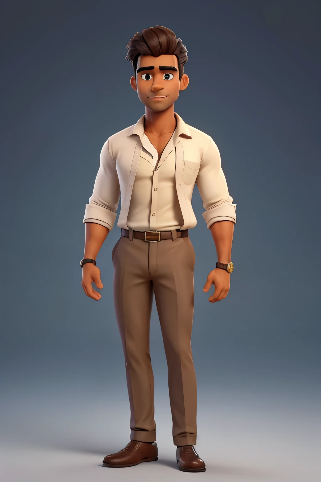 a handsome brown indian man, 24 years old, muscular and masculine body, hairy chest, brown skin, full body shot, photorealistic, best quality, 4k, 8k, highly detailed, charming, muscular build, tailored shiny dress shirt with top button undone, perfectly fitted charcoal trousers, sweat, erotic, lewd facial expression, tight chest, horny, looking straight
