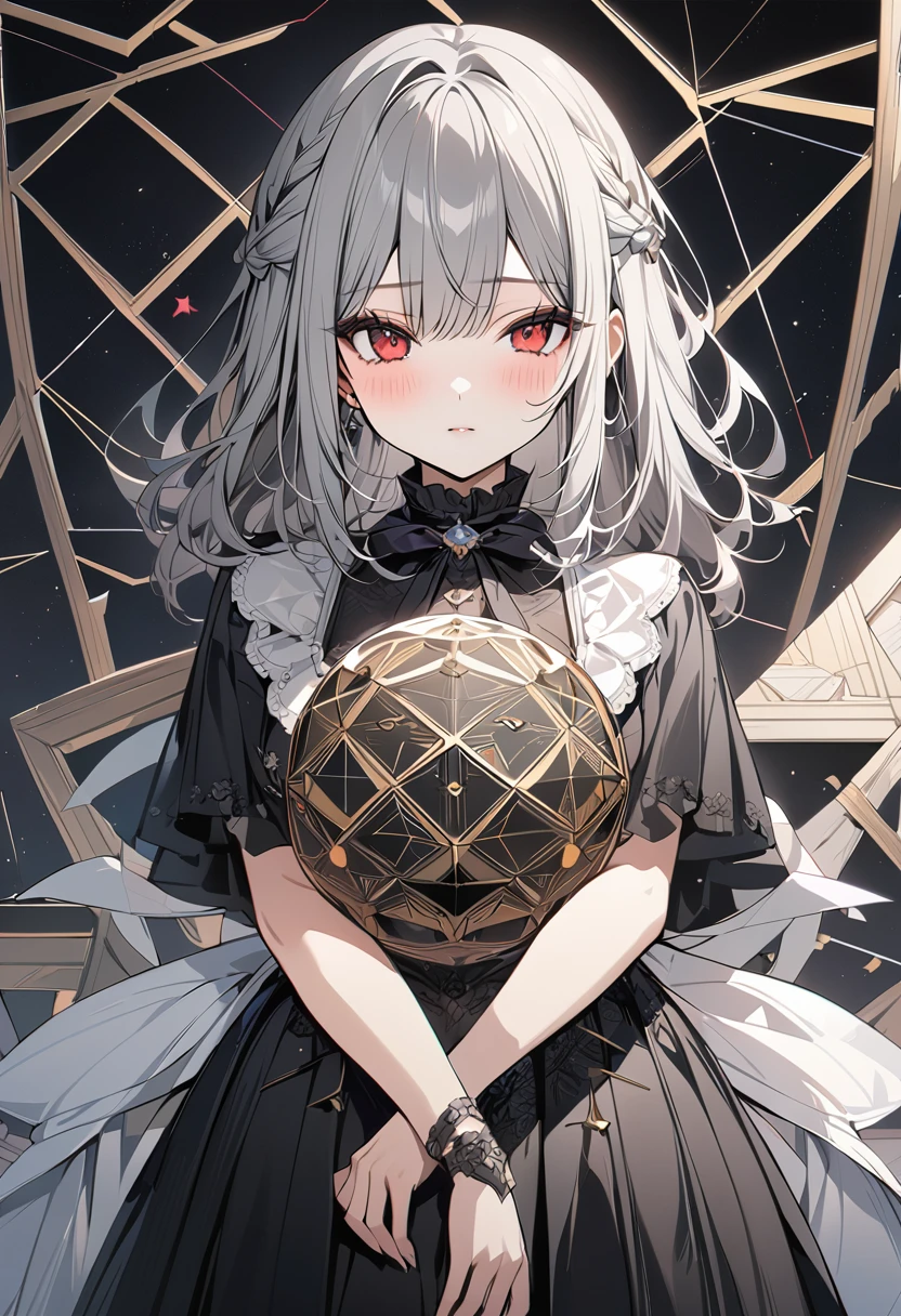 ,beautiful flower々),Gray Hair、Red Eyes、 blush、devil、devilの羽、dark、ribbon、(masterpiece, Highest quality), Official Art, beautifully、aesthetic: 1.2), (1 person), Very detailed, (Geometry Art: 1.3)