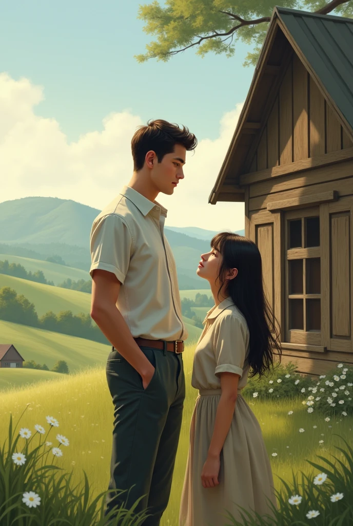 The image shows a young man wearing a white shirt.And girl The man appears to be in a rural setting, standing in front of a small house.