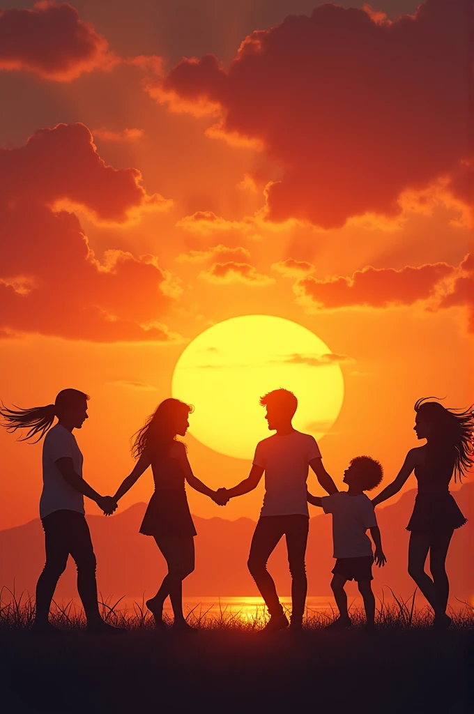 Silhouettes of friends playing at sunset