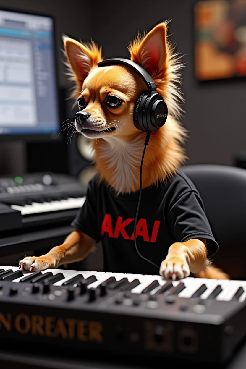 Humanoid orange and black long-coated chihuahua playing a song in front of a professional AKAI 88 MPC MIDI keyboard ,Put on headphones,In a human-like T-shirt ..He is sitting in front of the screen、We know you use Image Line&#39;s FL Studio 20 as your preferred DAW.。.,He is an expert in music production and piano playing.....