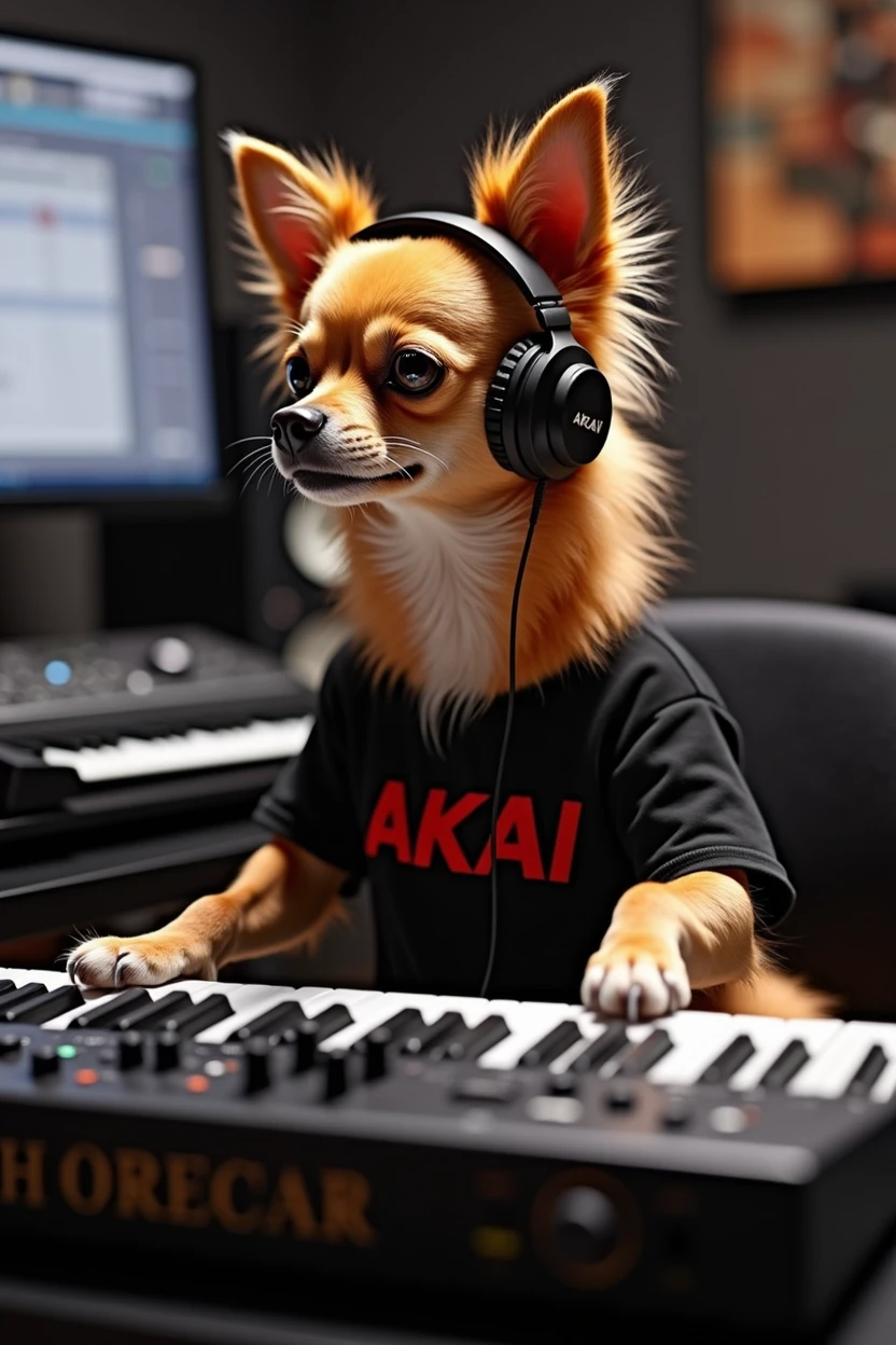 Humanoid orange and black long-coated chihuahua playing a song in front of a professional AKAI 88 MPC MIDI keyboard ,Put on headphones,In a human-like T-shirt ..He is sitting in front of the screen、We know you use Image Line's FL Studio 20 as your preferred DAW.。.,He is an expert in music production and piano playing.....