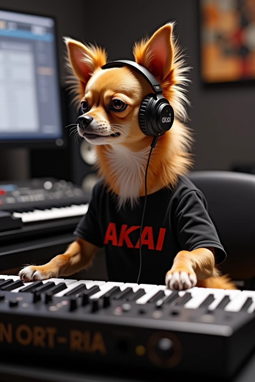 Humanoid orange and black long-coated chihuahua playing a song in front of a professional AKAI 88 MPC MIDI keyboard ,Put on headphones,In a human-like T-shirt ..He is sitting in front of the screen、We know you use Image Line's FL Studio 20 as your preferred DAW.。.,He is an expert in music production and piano playing.....
