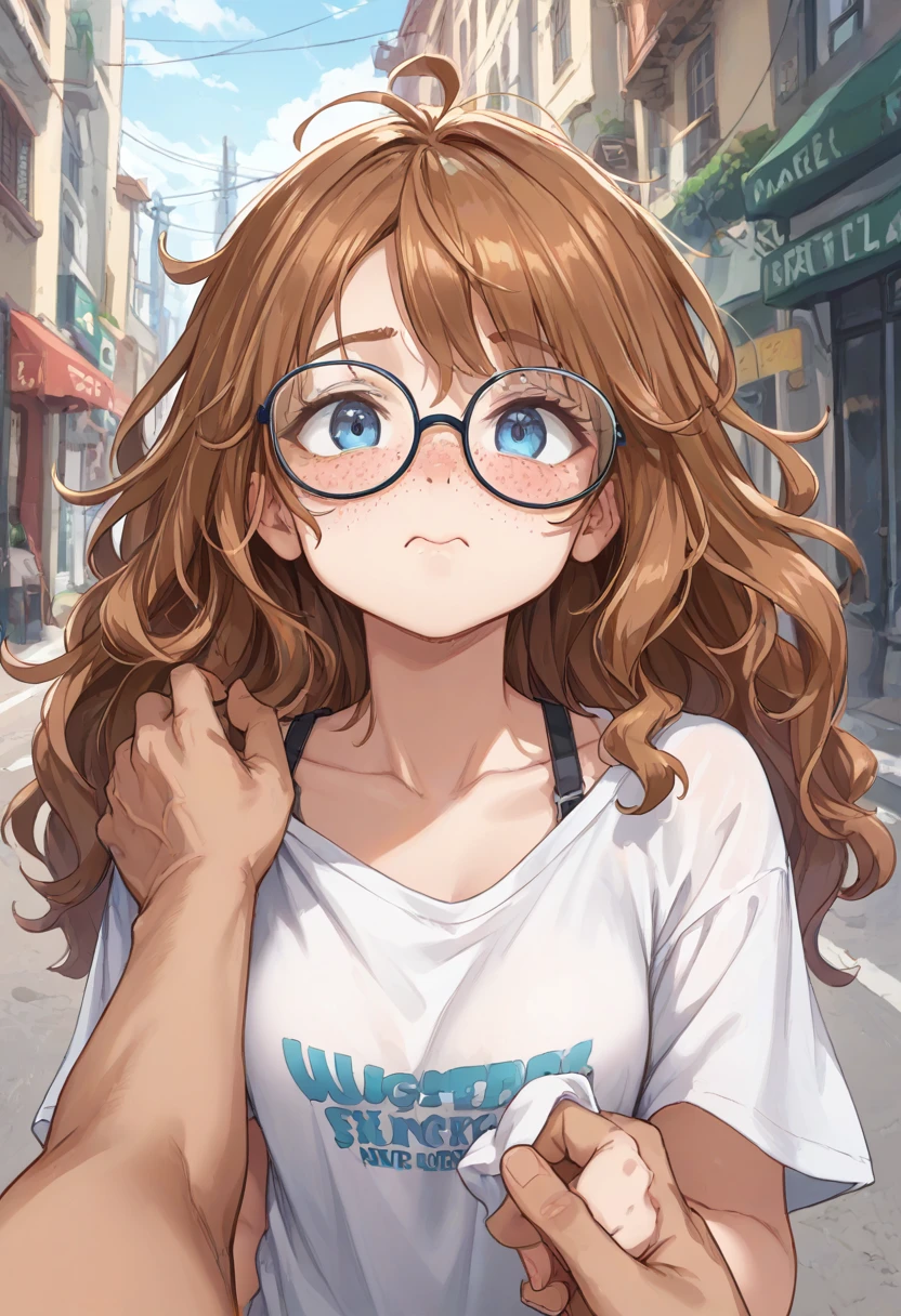 1girl, solo, long hair, ((shaggy hair)), Black-rimmed glasses, nose blush, Panic look, freckles, pale skin, Worried brow, (Bubble mouth), Looking up, pov, pov hand, He is holding her hand, (Oversized T-shirt), (One of her shirts has slipped), exposing her bra straps, The hustle and bustle of the city,