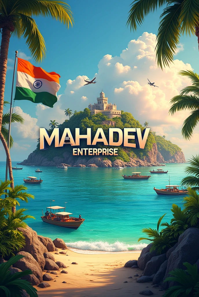 A tropical island with the name "Mahadev Enterprise " written on a large sign, an Indian flag waving in the foreground, and various boats and aircraft in the background against a colorful sky 