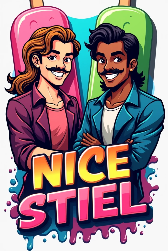 RANDY and COREY need a significant logo for a YouTube channel which contains topics like movies, action figures, cosplays, video games and pop culture. the name of channel is NICE AM STIEL which is a german pun for a popsicle which means EIS AM STIEL in german. please visualize a proper logo with the likeness of a popsicle and everything I mentioned in the description. Be sure that the logo looks like two 80's characters like the main protagonists from MIAMI VICE - made them out of popsicle, one Male has a mustache, a Mullet and a light skin tone and the other Male has slightly longer black hair and a brown skin tone but most importantly the Logo as to feature the name NICE AM STIEL put the Names "Randy Paradise & Corey Walkman" above that characters be sure that the characters ar two males and DO NOT miss out the popsicle theme. Also do not forget the names: "RANDY PARADISE and COREY WALKMAN"