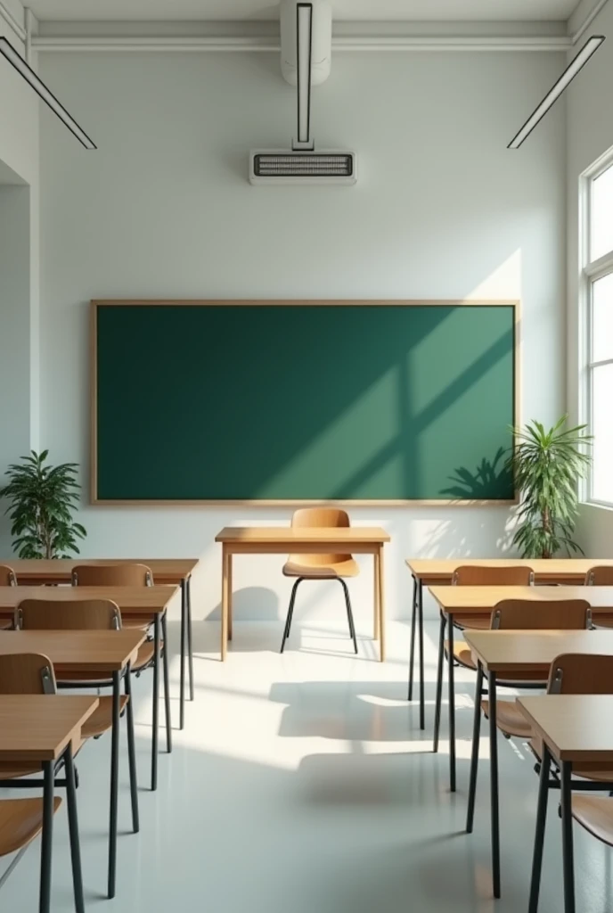 (photorealism:1.2), Whole Classroom with blackboard, teacher's table, chairs, electric fans and minimal classroom designs