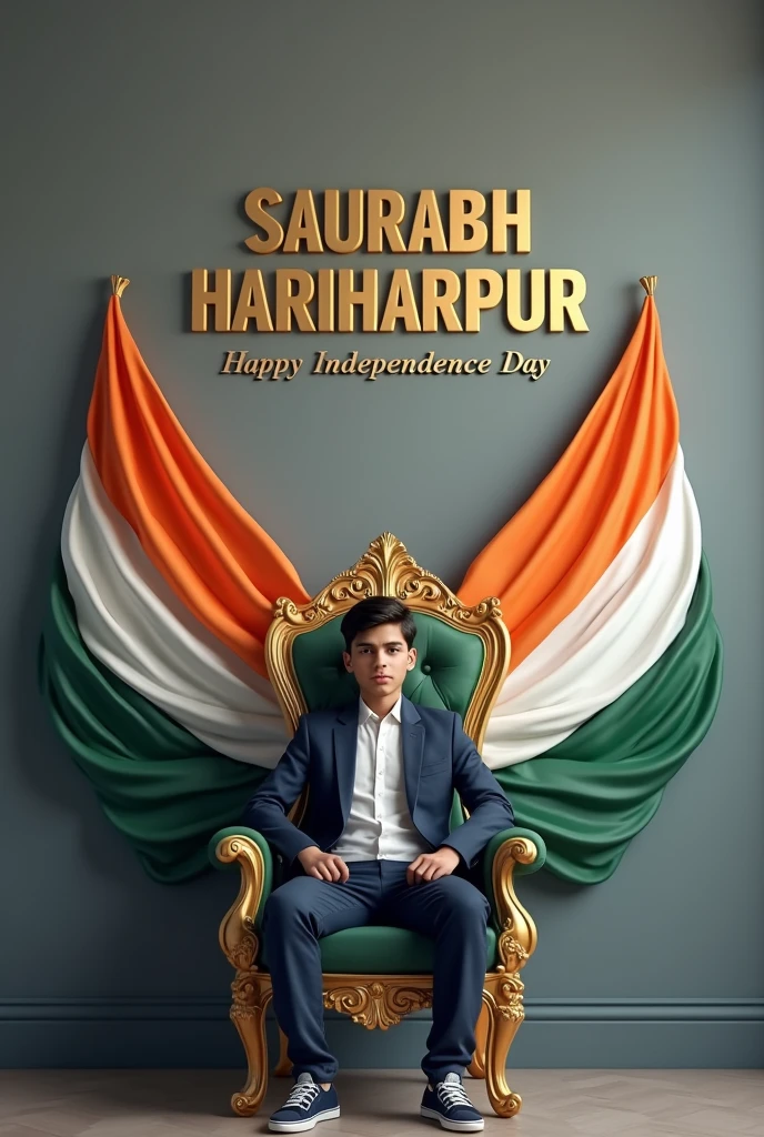Create realistic illusion image A 20 years old boy is sitting on a king chair with indian tricolor wings and behind him the color of the wall is gray on which “SAURABH HARIHARPUR’ is written in golden. and also written ” Happy Independence Day” in clear letter written on small size on bottom