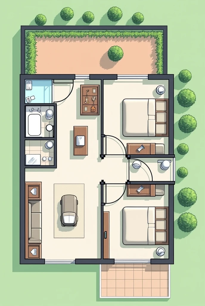 I want a one-story house with 2 bedrooms, 2 bathrooms, one between the two rooms and the other next to the laundry center, 1 car wash center, 1 room, kitchen and patio that is a common house type infonavit with all its furniture The room that is on the right, A bathroom and a laundry room on the left, just like the kitchen. Don't forget the half bathroom between both bedrooms.