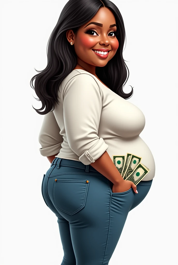 caricature of a 35 year old Brazilian woman smiling, light black woman with straight, short hair down to her shoulders, white blouse, thin but with a big butt turned a little to the side and with her pants pockets full of money, falling out