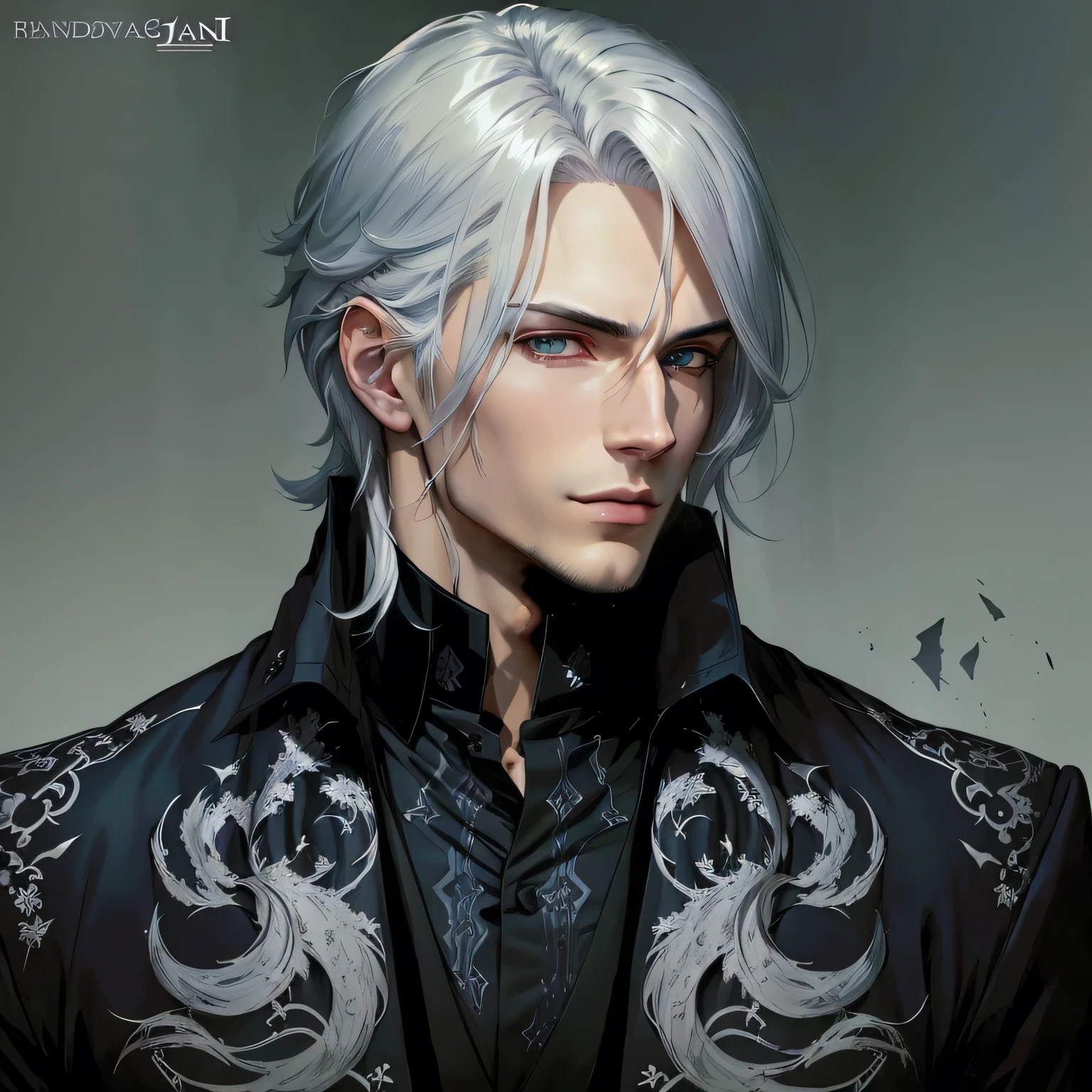  style portrait of a man with white hair and blue eyes, handsome anime man, Cute androgynous prince, son of sparda, handsome male vampire, blessed waters in wlop style, anime portrait of a handsome man, handsome guy in demon slayer art, he has dark gray hair, portrait of thancred, johan liebert mixed with alucard