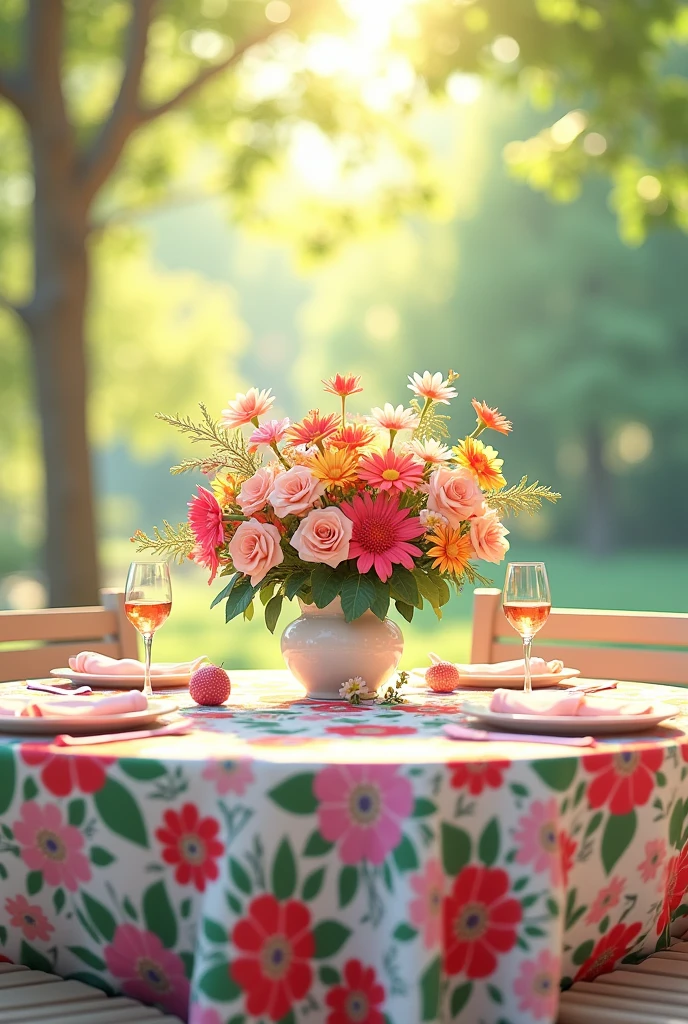 Bright and breezy table with centre piece for spring bright floral print paatterns
