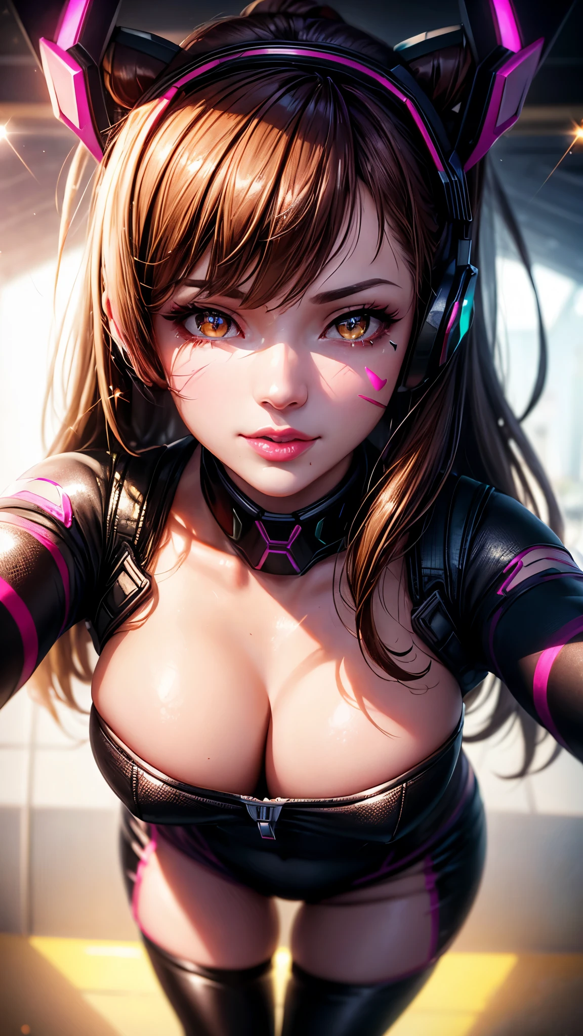 ((masterpiece)), Dva, Overwatch Dva, Dva headgear, Dva facepaint, brown hair, messy hair, heart-shaped pupils, amber eyes, seductive smile, cinematic lighting, sparkle, ray tracing, backlighting, drop shadow, pov, blurry foreground, from above, UHD, 4K, best quality, latex leggings, (((focus on lips))), ((face shot)), (((sparkly lips)))