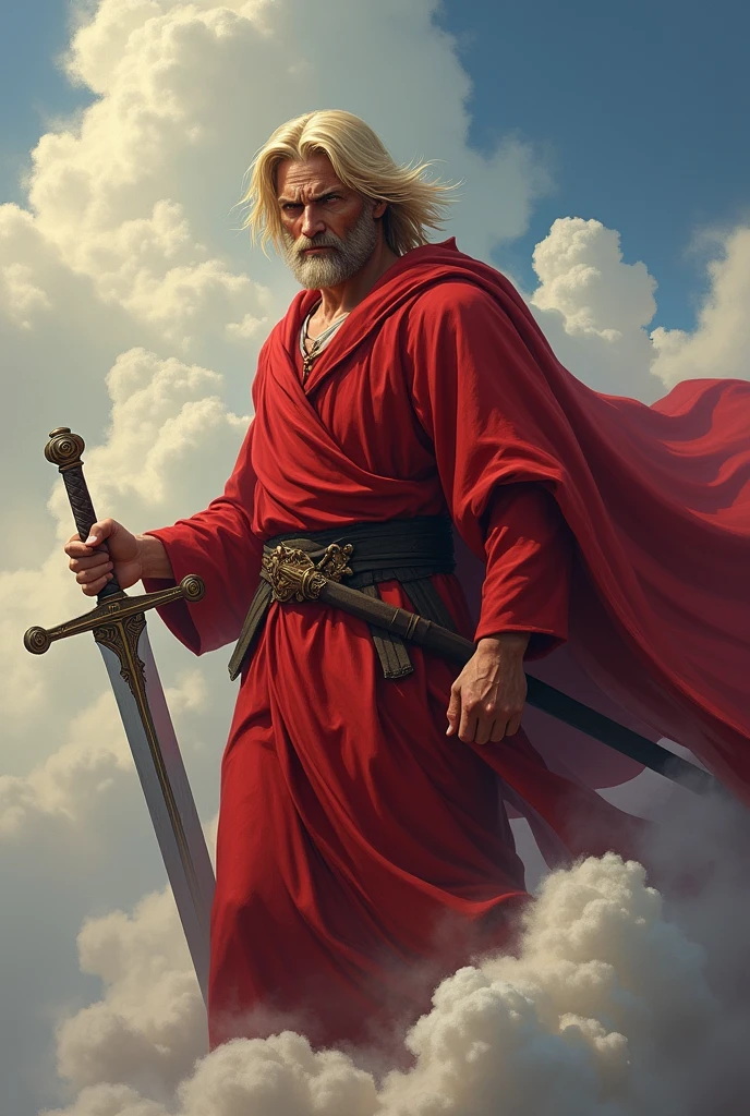Lord Jesus Christ, blond hair, hairstyle with a middle parting, mushroom cut, short hair, dressed in red with a sharp sword in his hand, looking like a warrior, anger on his face, adult appearance of about 33 years old, standing on the clouds, cuerpo completo short hair
