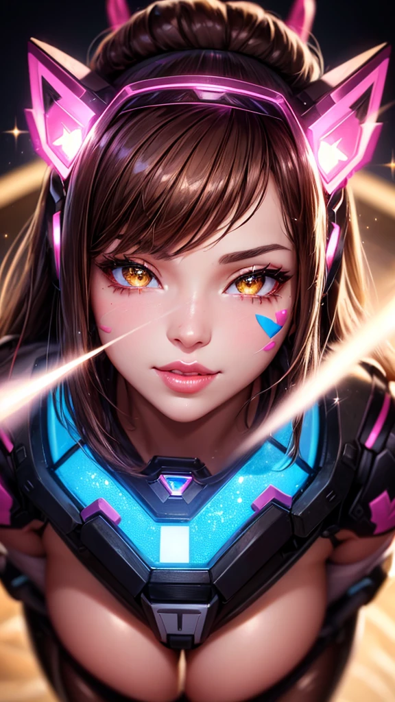 ((masterpiece)), Dva, Overwatch Dva, Dva headgear, Dva facepaint, brown hair, messy hair, heart-shaped pupils, amber eyes, seductive smile, cinematic lighting, sparkle, ray tracing, backlighting, drop shadow, pov, blurry foreground, from above, UHD, 4K, best quality, latex leggings, (((focus on lips))), ((face shot)), (((sparkly lips)))