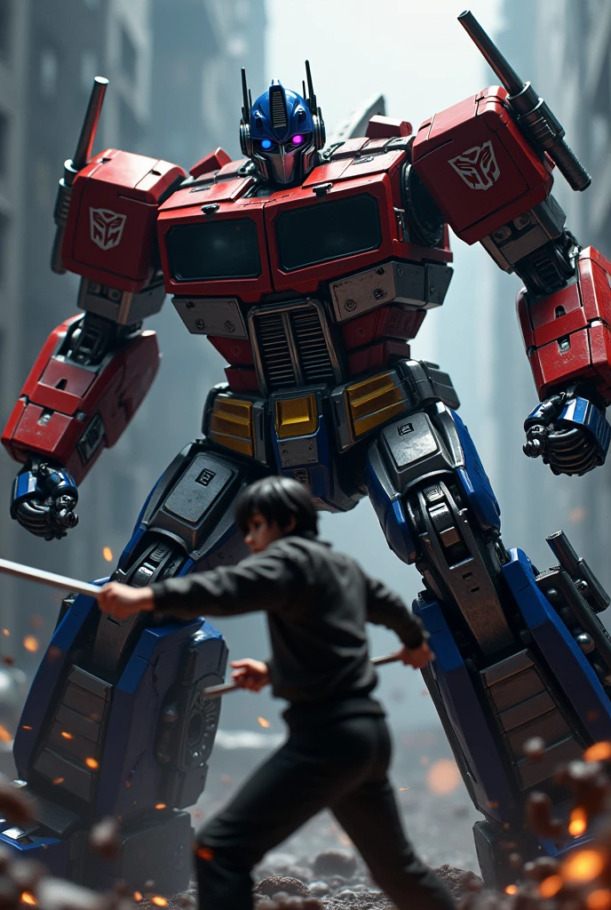 a highly detailed illustration of Optimus Prime attacking Kirito, Kirito's face is hurt, cinematic dramatic lighting, dark moody colors, dynamic action pose, photorealistic 3d render, intricate mecha machinery, intense battle scene, striking contrast between Optimus Prime and Kirito, gritty realistic textures, compelling cinematic composition, moody and intense atmosphere, ultra-detailed and hyper-realistic