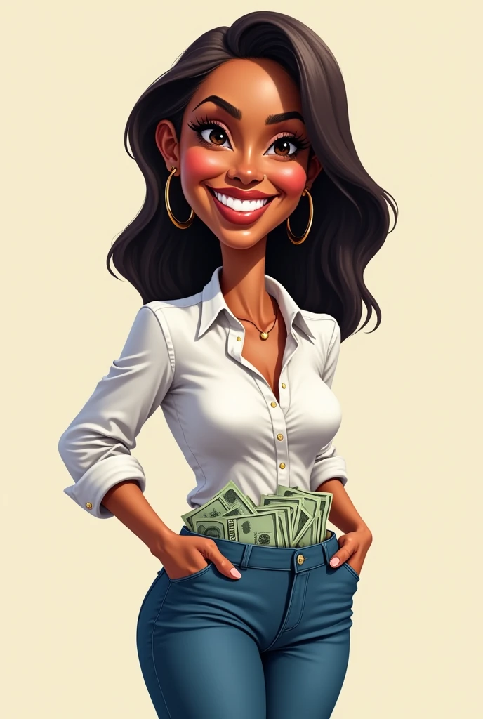 caricature of a 35 year old Brazilian woman smiling, light black woman with straight, short hair down to her shoulders, white blouse, thin but with a big butt turned a little to the side and with her pants pockets full of money, falling out