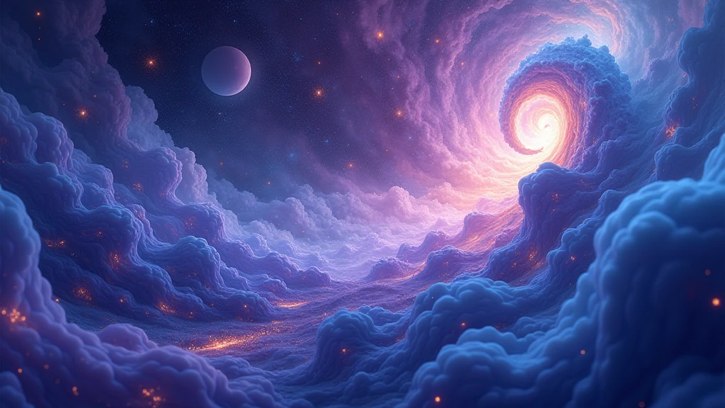 : A vibrant swirl of deep blues and purples flowing seamlessly together, with golden highlights capturing the light at their peaks. 8k