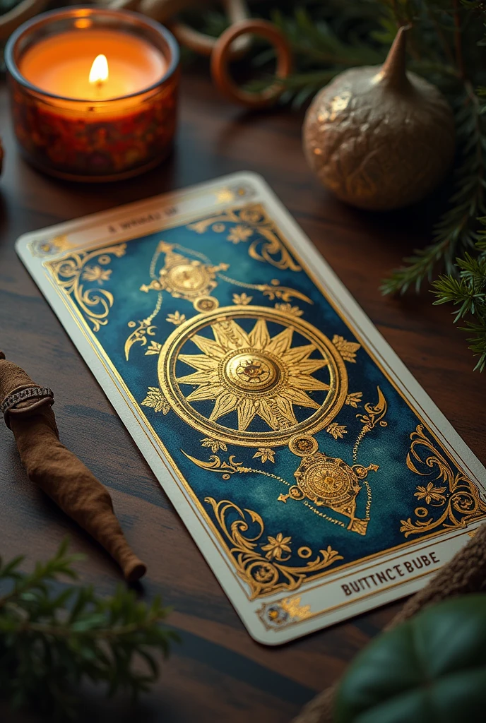 masterpiece. Beautiful tarot deck on a table with only the Wheel of Fortune card visible. FANTASTIC. ultra detailed. HD ((detail)). Spirituality. animated. masterpiece.