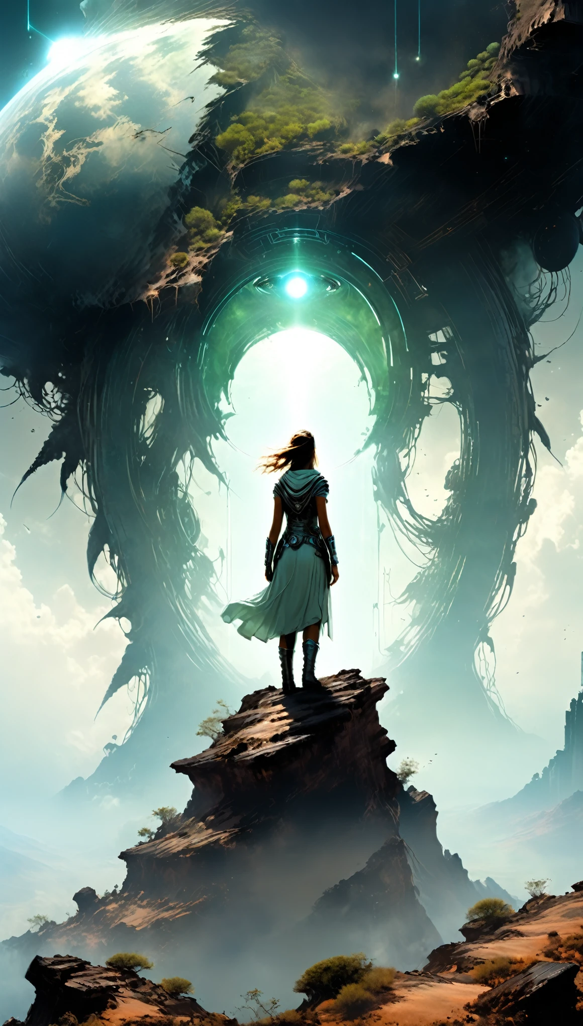 honest pure light woman standing on the edge of horizon looking at the viewer, sci fi art style of the masters, scavengers from the planet Mongo searching for the portal of existence,