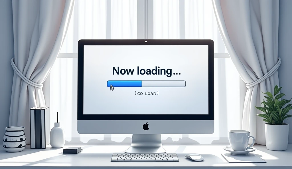 Wide Mac computer monitor,A closed white curtain behind the monitor,「Now loading...」Character,Loading bar,Loading screen,At the bottom right corner, click「UP LOAD」button, mouse pointer,Anime Style, Shooting from the side of the monitor,High resolution, 