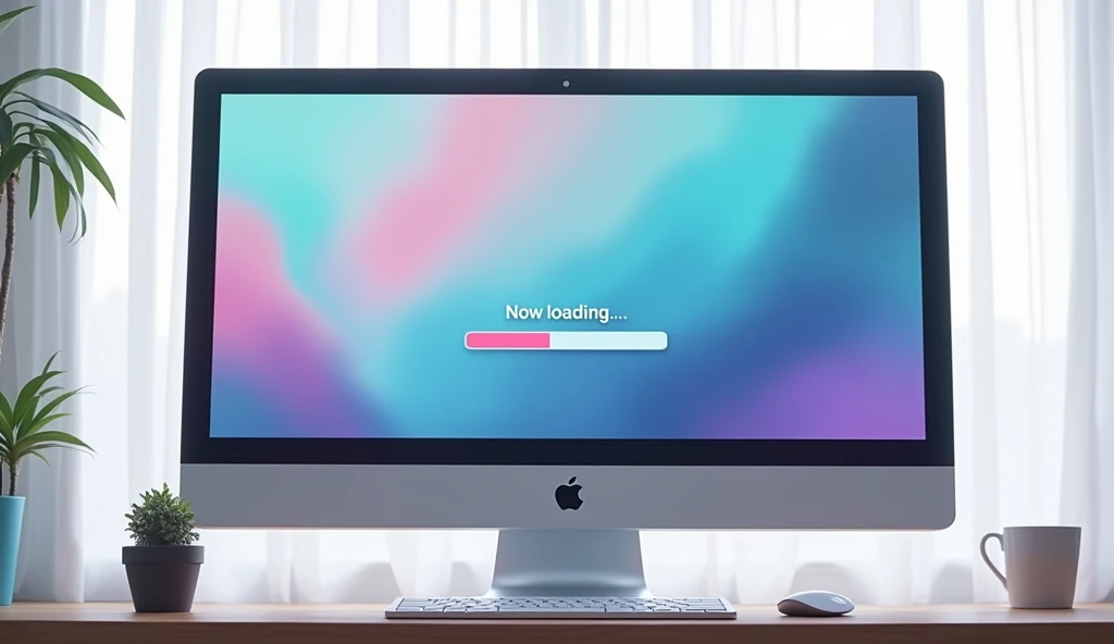 Wide Mac computer monitor,A closed white curtain behind the monitor,「Now loading...」Character,Loading bar,Loading screen,At the bottom right corner, click「UP LOAD」button, mouse pointer,Anime Style, Shooting from the side of the monitor,High resolution, 