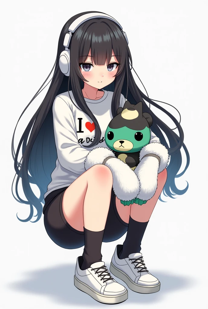 Female character long black hair with white headphones black Chinese eyes , white fur black hand warmers white tennis shoes and black socks, con un oso de peluche verde y negro y camisa que diga I ❤️ david