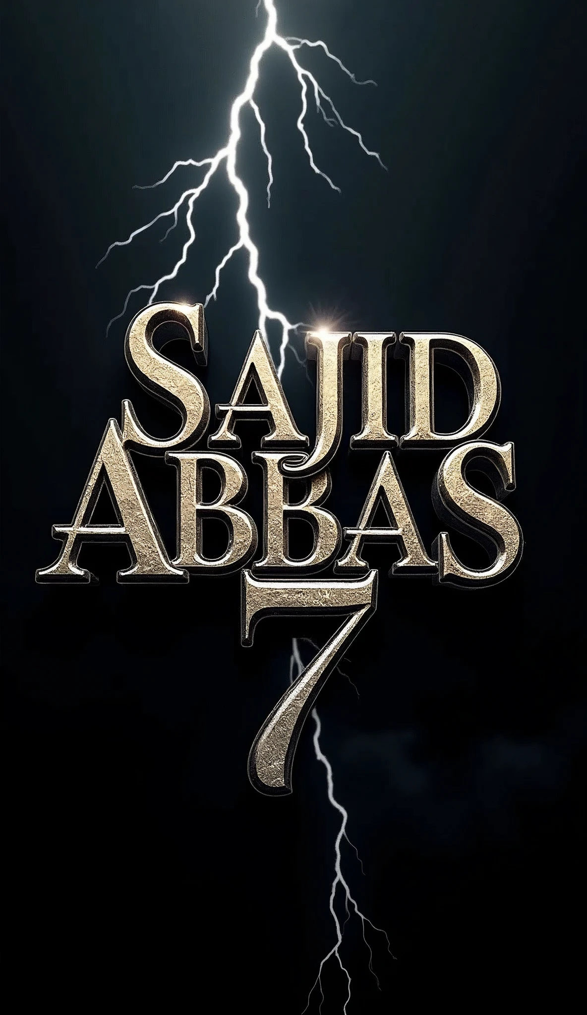 There is a fantasy, lovely title "Sajid Abbas 7" written on a black background. There is black thunders in the background of the title. A 3D, fantasy, aesthetic, realistic poster.