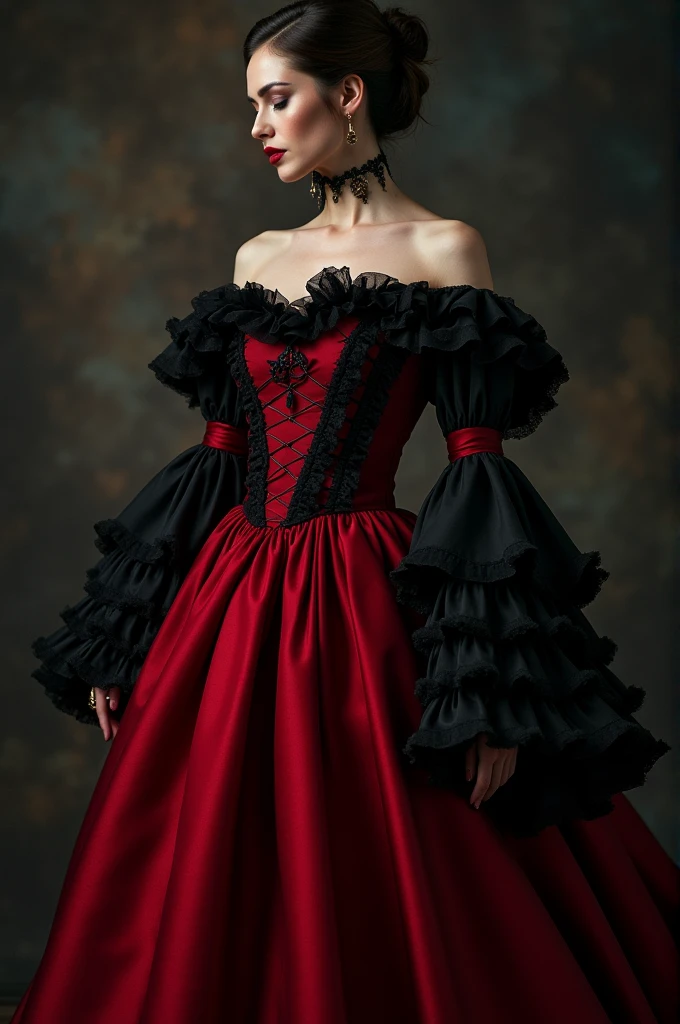 Vampire style dress in red and black colors, with volume in the skirt, off shoulder and sleeves reaching to the elbows with ruffles