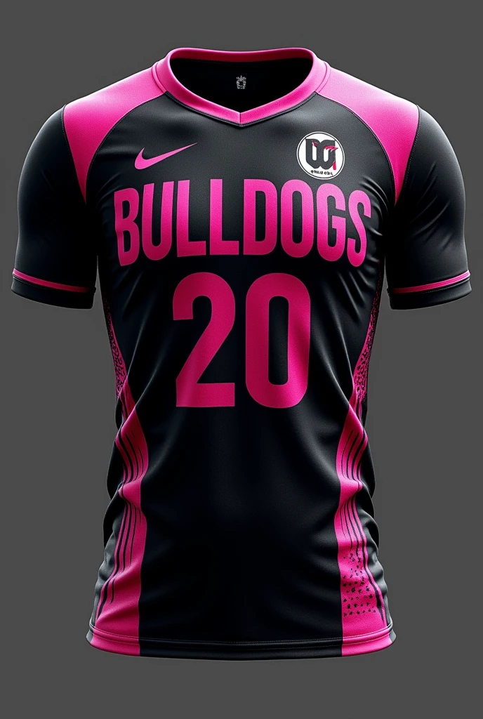 Black volleyball shirt with pink gradient that says BULLDOGS and number 20 on the front, You can make designs