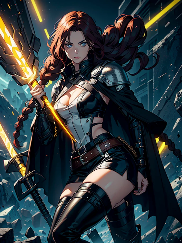 Thor from Norse mythology as a woman, a semi-worn black cape, (hair with 2 long braids), redhead, Viking style fur leather shoulder pads, White and black futuristic style top blouse, Black shorts in futuristic style with several black and yellow tactical belts, Black and gold futuristic style heels, Giant hammer of Thor from Norse mythology in futuristic style, crashing the hammer into the ground leaving an aura full of yellow rays.