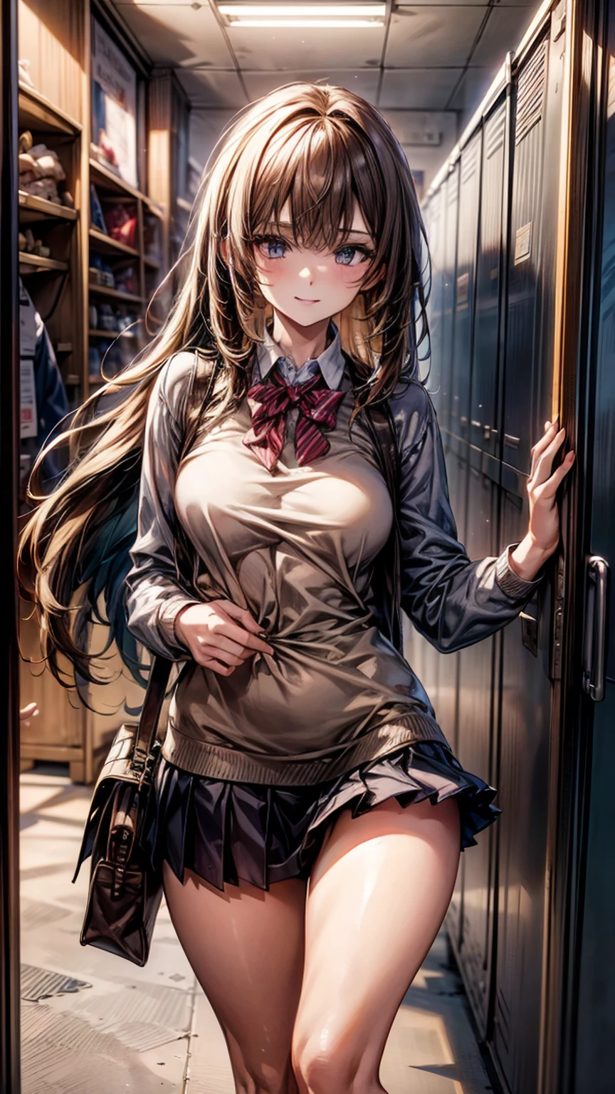 High school girl ((sexy and confident)), slender and curvy, (masterpiece, best quality), smug expression, (real picture, intricate details), (1 lady, solo, firm breasts, no visible muscles, soft and feminine body), long flowing hair, sharp and teasing eyes, (tight school uniform, short skirt, revealing top), standing confidently in front of you, playful and taunting pose, arms crossed or hands on hips, (school hallway background, normal setting, lockers and posters in view), smirk on her lips, direct gaze, (teasing, playful dominance), Background: High school hallway, normal school day, casual atmosphere, fluorescent lighting.